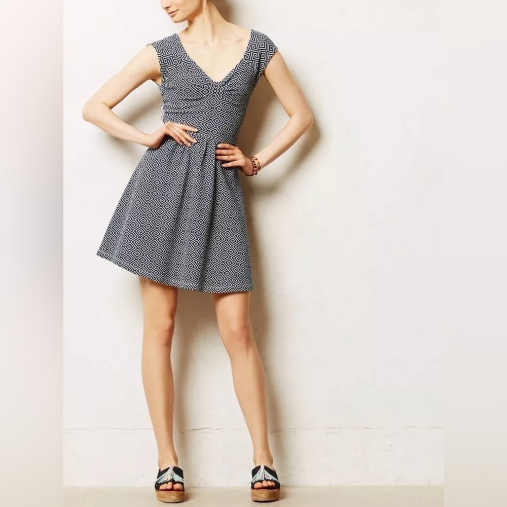Anthropologie Postmark Stretch Matilde Dress Blue Motif Cross Back Women’s Sz 4